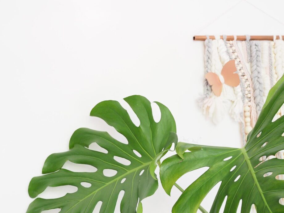 Monstera Tissage format paysage papillon cuivre ondes rose gris laine merino soie laboutiquedemelimelo
