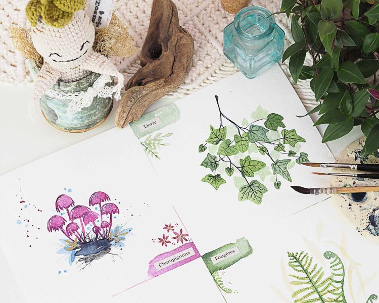 aquarelle-herbier-forestier-challenge-secrets-foret-jennyillustrations-laboutiquedemelimelo