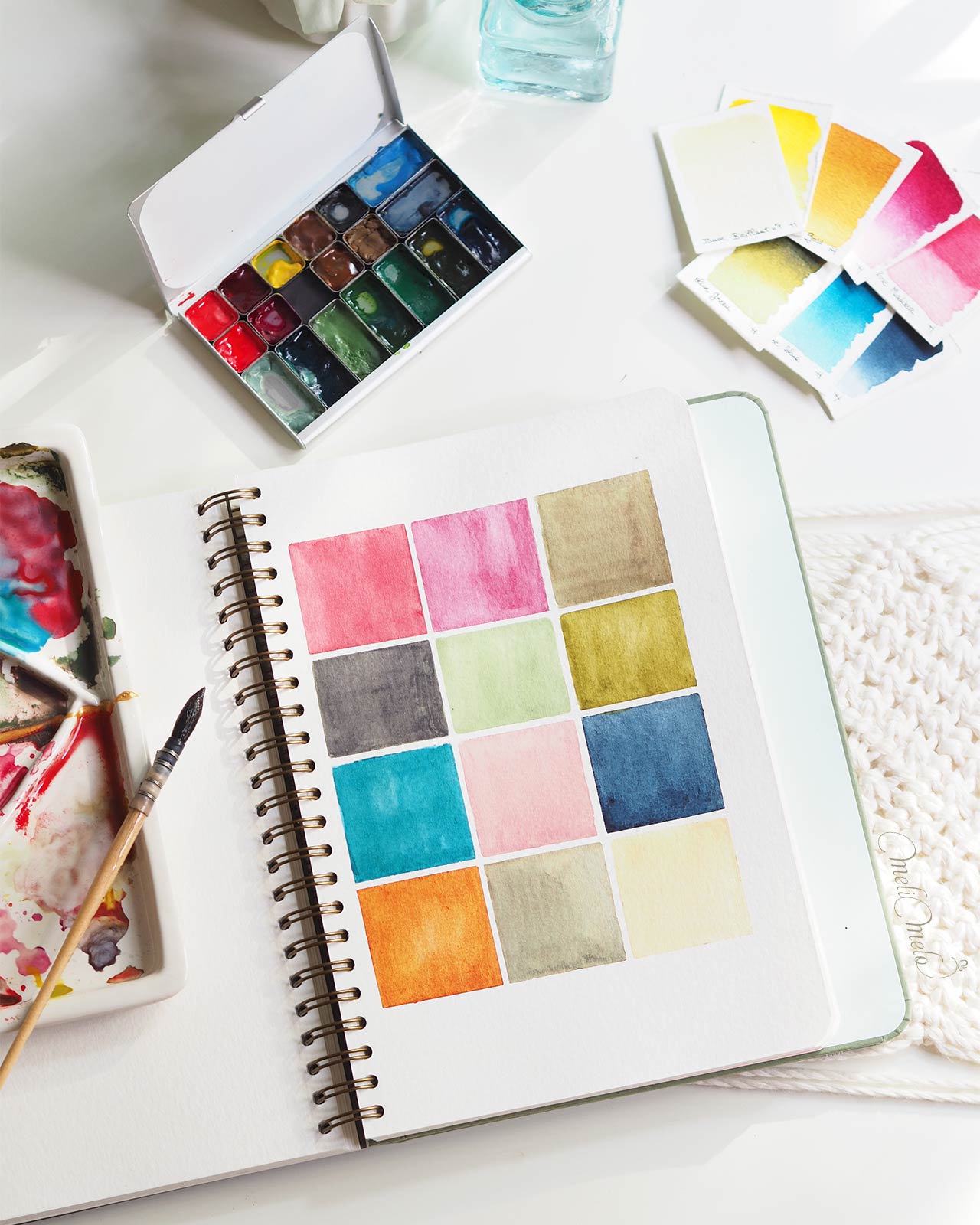 aquarelle-palette-melange-bleu-summer-booster-2024-avec-marie-boudon-laboutiquedemelimelo