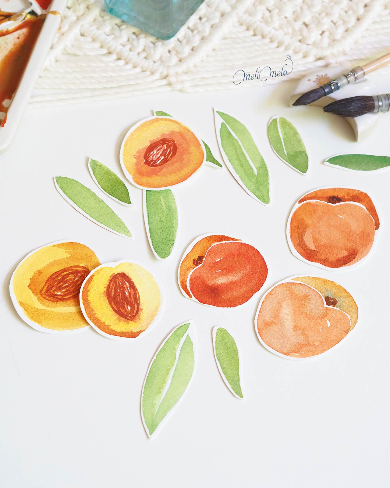aquarelle-peches-fruits-ete-decoupe-laboutiquedemelimelo