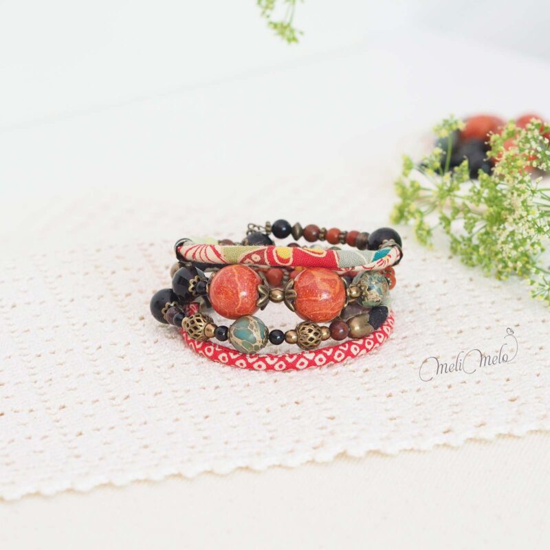 bracelet-tissu-japonais-oeillet-mariigourudo-bijou-boheme-corail-rouge-laboutiquedemelimelo
