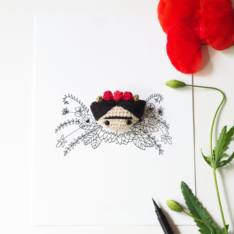 Frida Kahlo couronne fleurs coquelicot MeliMelo illustration ink drawing crochet laboutiquedemelimelo