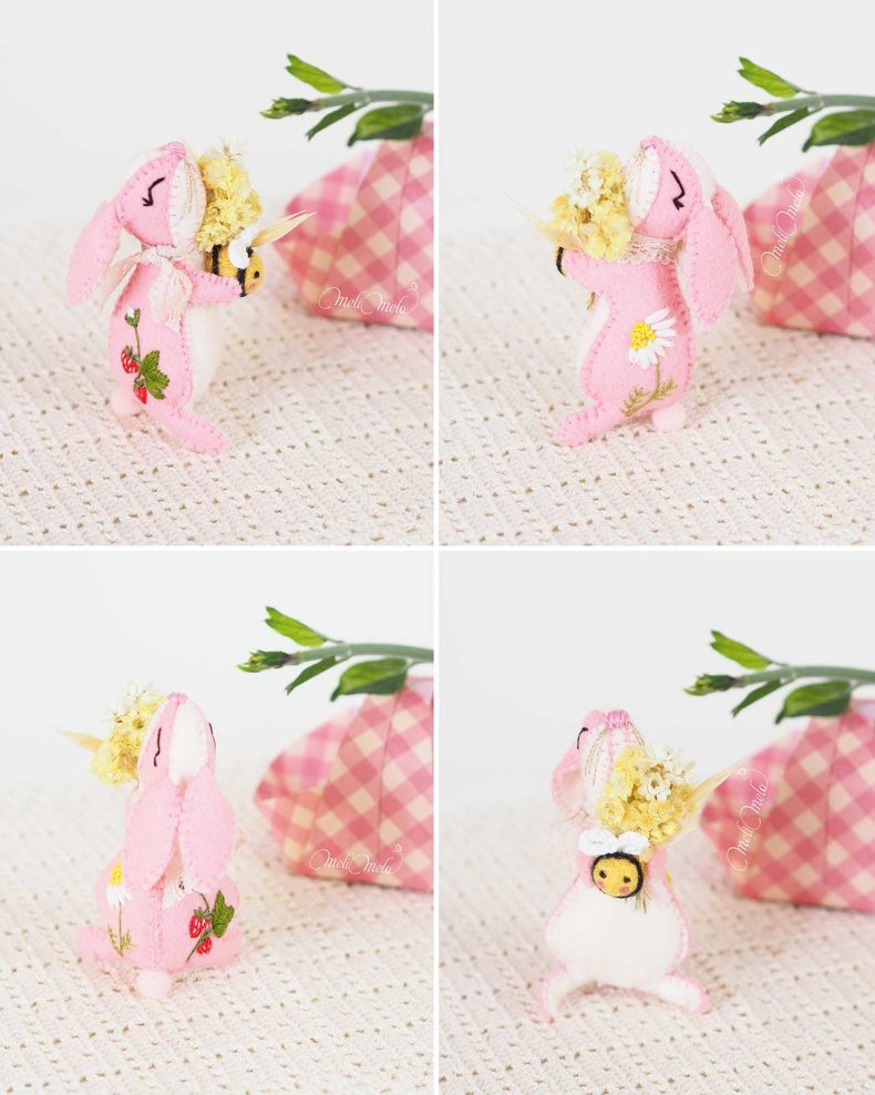 mini-lapin-rose-fraise-abeille-fleur-marguerite-feutrine-broderie-fait-main-laboutiquedemelimelo