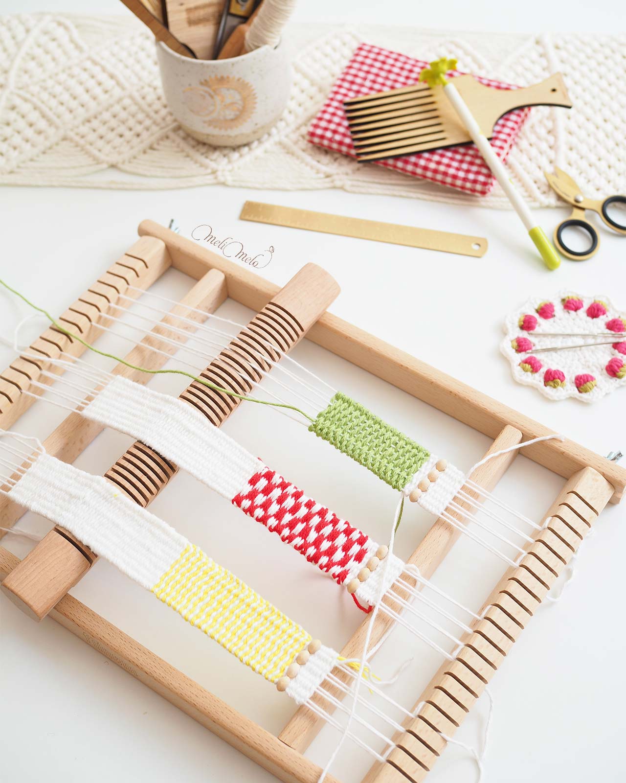 mini-tissage-coton-encours-motif-jaune-soleil-rouge-vichy-vert-chevron-porte-cles-grigri-laboutiquedemelimelo