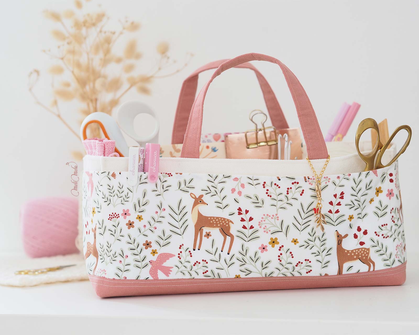 sac-rangement-biche-oiseau-rose-coton-floral-fait-main-laboutiquedemelimelo