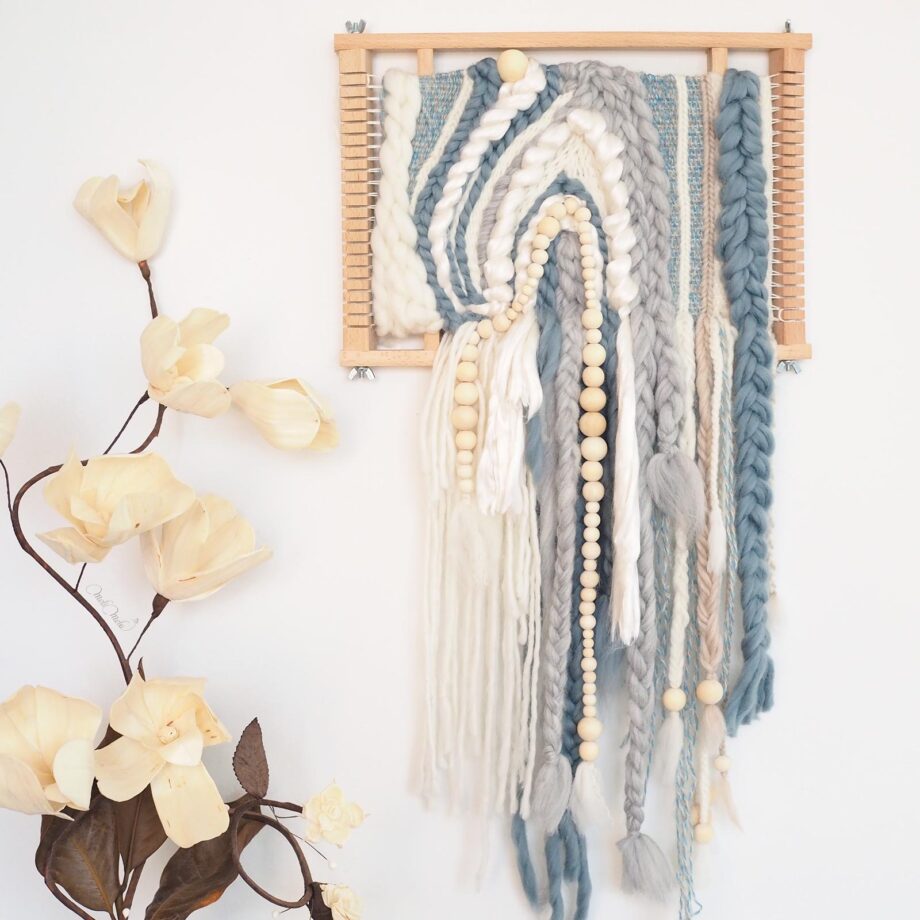 tissage handweaving side weaving loom laine bleu ondes perles bois wool merino laboutiquedemelimelo